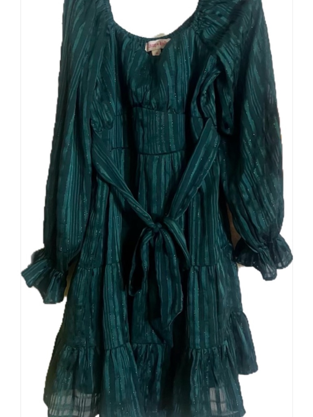 🩷 Teal Metallic Stripe Long Sleeve Tiered Dress sz 8 girls